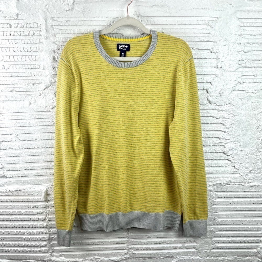Lands' End Men's Lightweight‎ Crew Neck Pullover Sweater Yellow & Gray Striped M